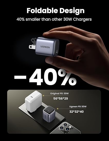 UGREEN 30W USB C Charger, Nexode Foldable GaN PPS Compact Fast Wall Charger Block, USB-C Power Adapter for iPhone 15 Pro Max/14/13, Galaxy S23 (Black)