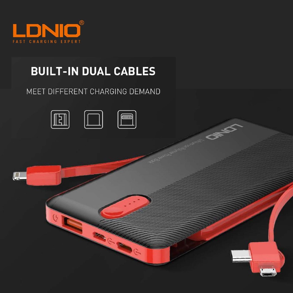 LDNIO PL1013 Wired Power Bank, 10000 mAh WITH BUILT-IN DUAL CABLE