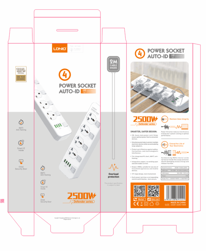 LDNIO SC4408 2500W 4 Socket & 4 USB Port Power Strip