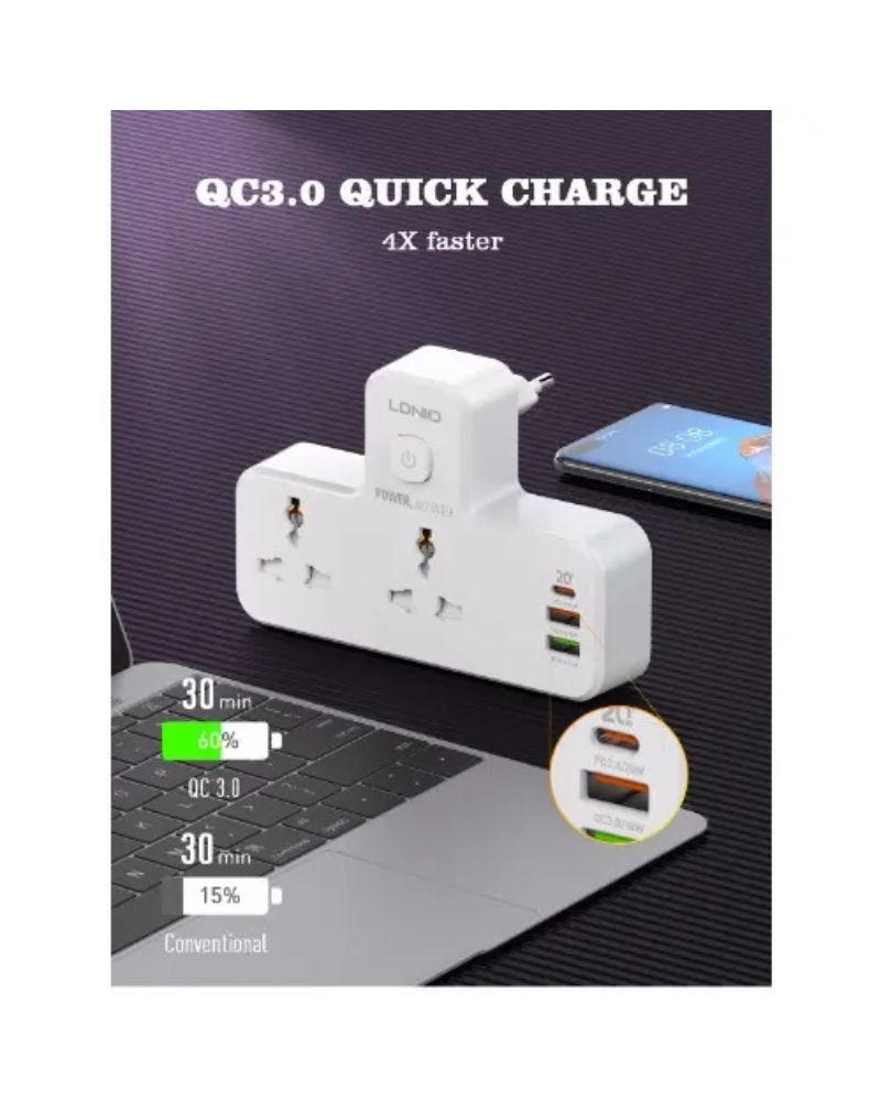LDNIO Power Strip 1 USB-C & 2USB-A 2 Outlets – PD& Qc3.0