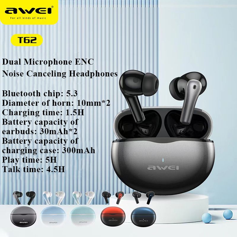 AWEI T62 TWS Bluetooth 5.3 ENC Noise Cancellation Earbuds