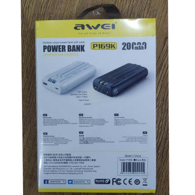 Awei P169K 20000mAh Portable Power Bank- 22.5W With Cable