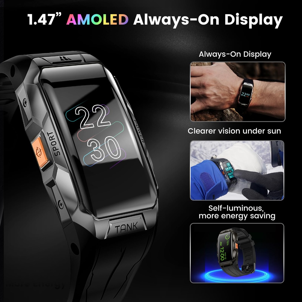 KOSPET TANK X1 Rugged Waterproof Smart Band 1.47 inch Rectangle AMOLED Display 10 ATM & IP69K Waterproof