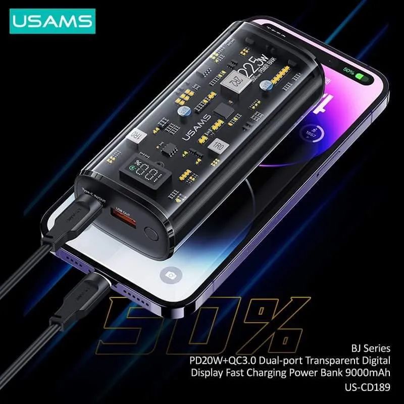 USAMS 9000mAh Transparent Digital Display Power Bank PD20W+QC3.0 Dual-port