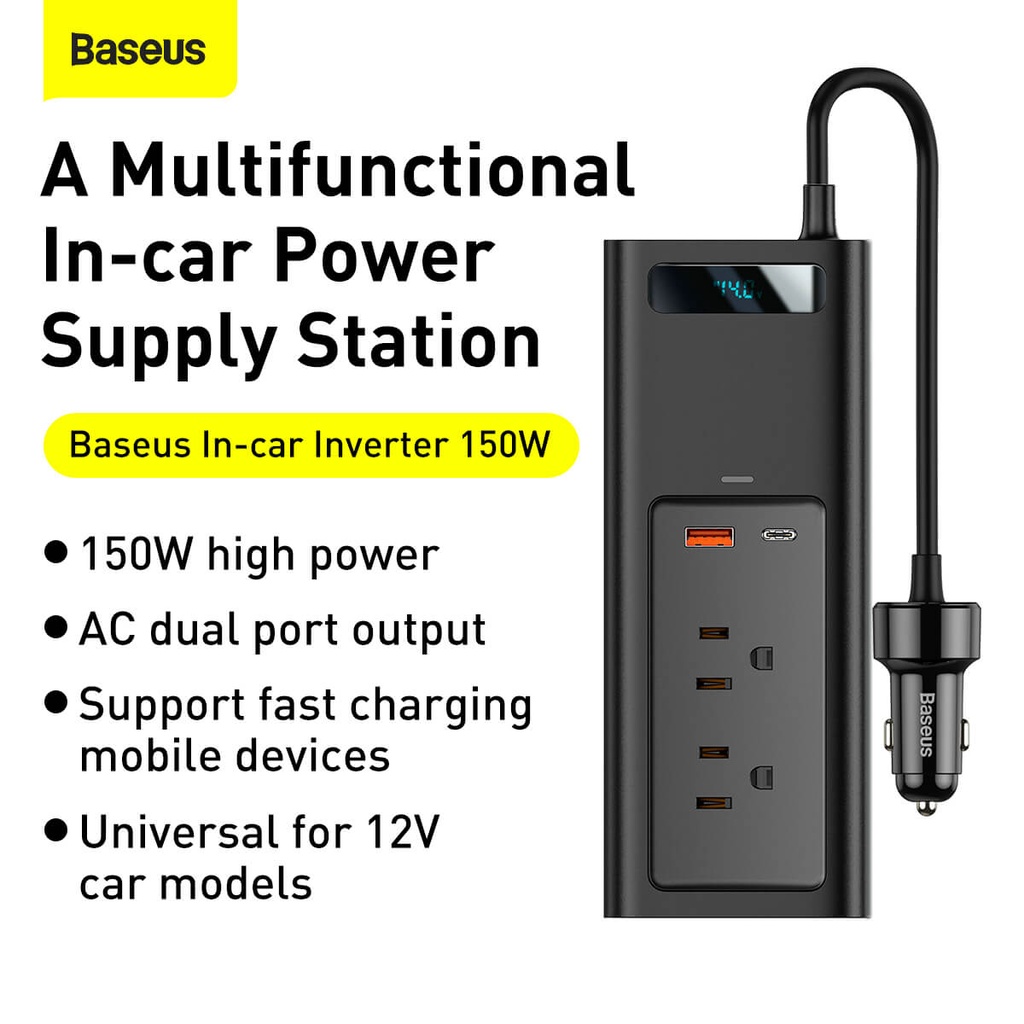 BASEUS Car Inverter Type-C USB AC Socket Car Charger 150W Digital Display Power Station 220V CNEU Plug Black by Honestime