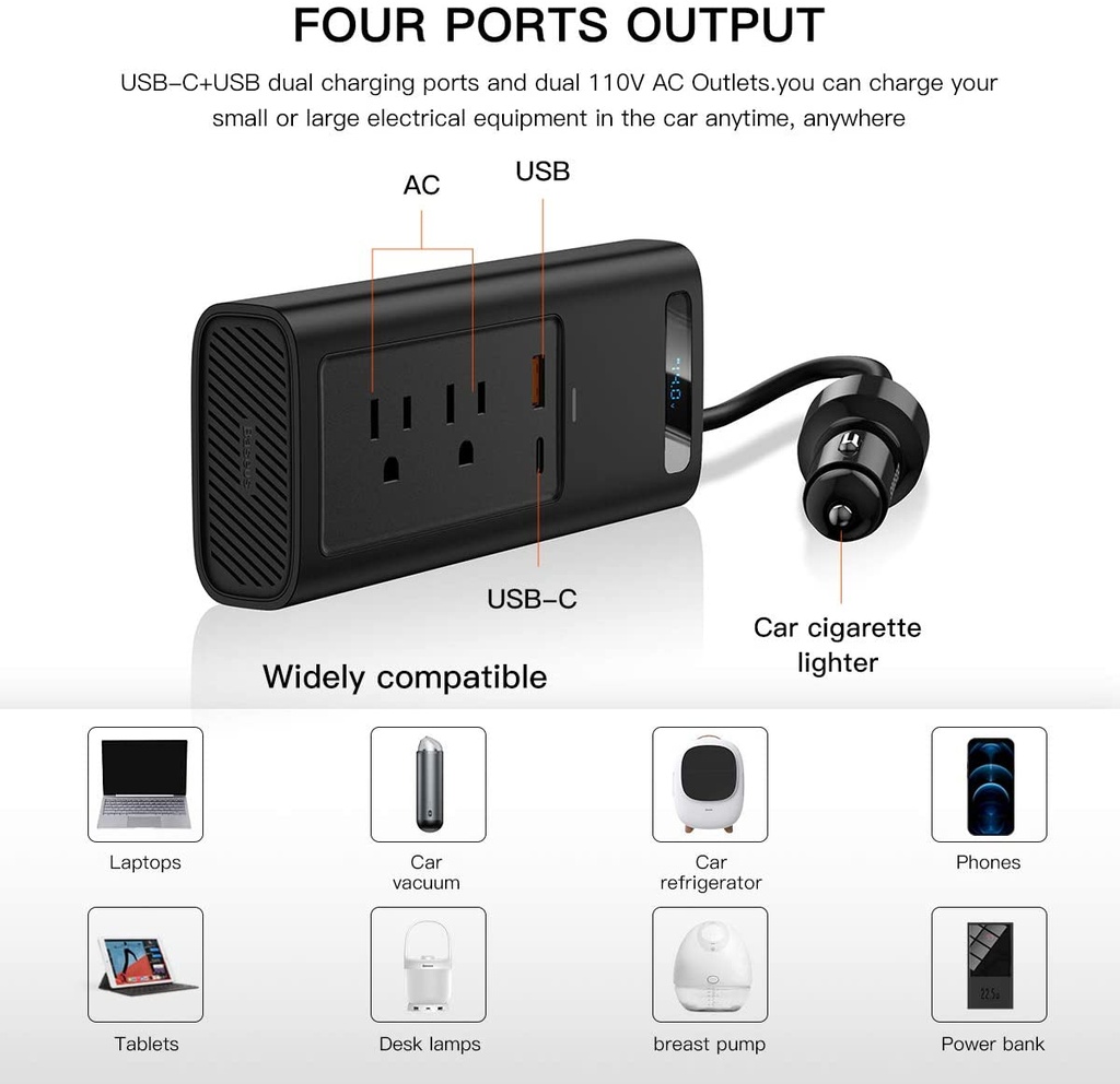BASEUS Car Inverter Type-C USB AC Socket Car Charger 150W Digital Display Power Station 220V CNEU Plug Black by Honestime