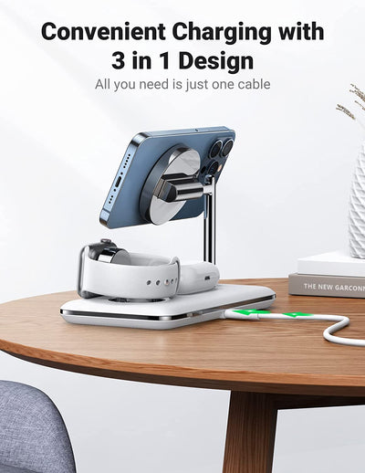 UGREEN MFi-Certified 25W 3-in-1 MagSafe Wireless Charging Station, 15W Fast Charging for iPhone 14/13/12 MagSafe Series, Compatible with Apple Watch, AirPods Series (No AC Adapter)