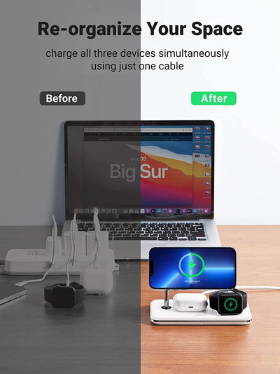 UGREEN MFi-Certified 25W 3-in-1 MagSafe Wireless Charging Station, 15W Fast Charging for iPhone 14/13/12 MagSafe Series, Compatible with Apple Watch, AirPods Series (No AC Adapter)