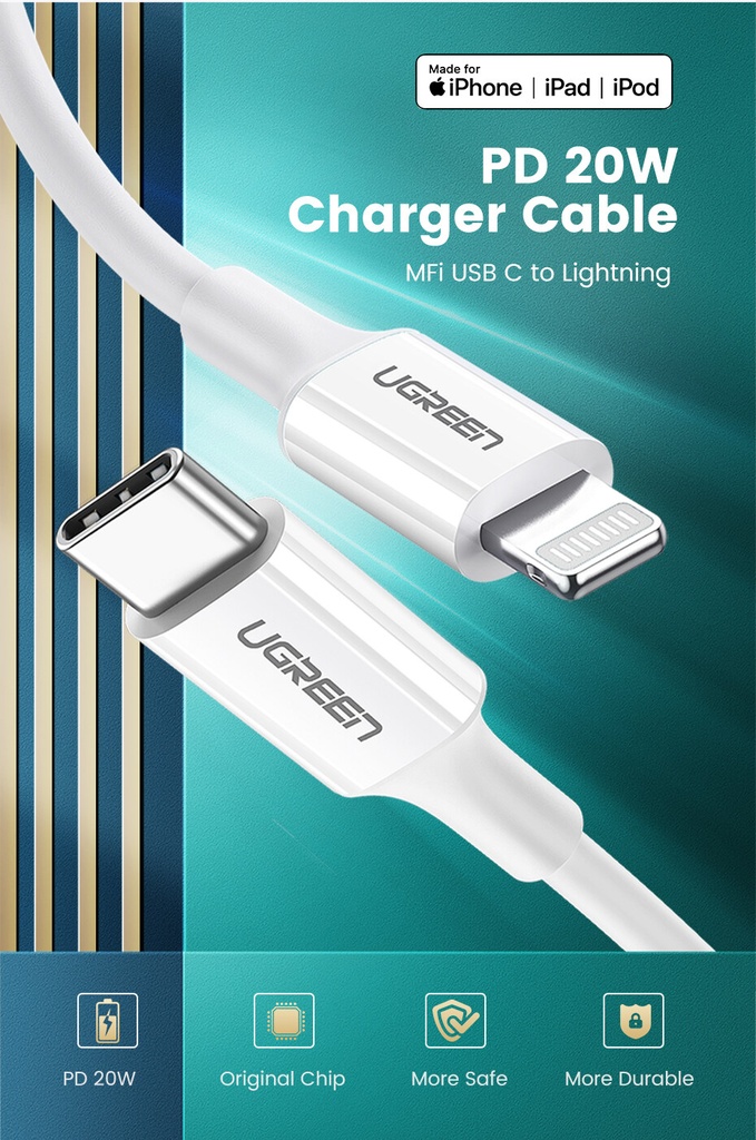 UGREEN 10493 USB-C to Lightning M/M Cable Rubber Shell 1m (White)