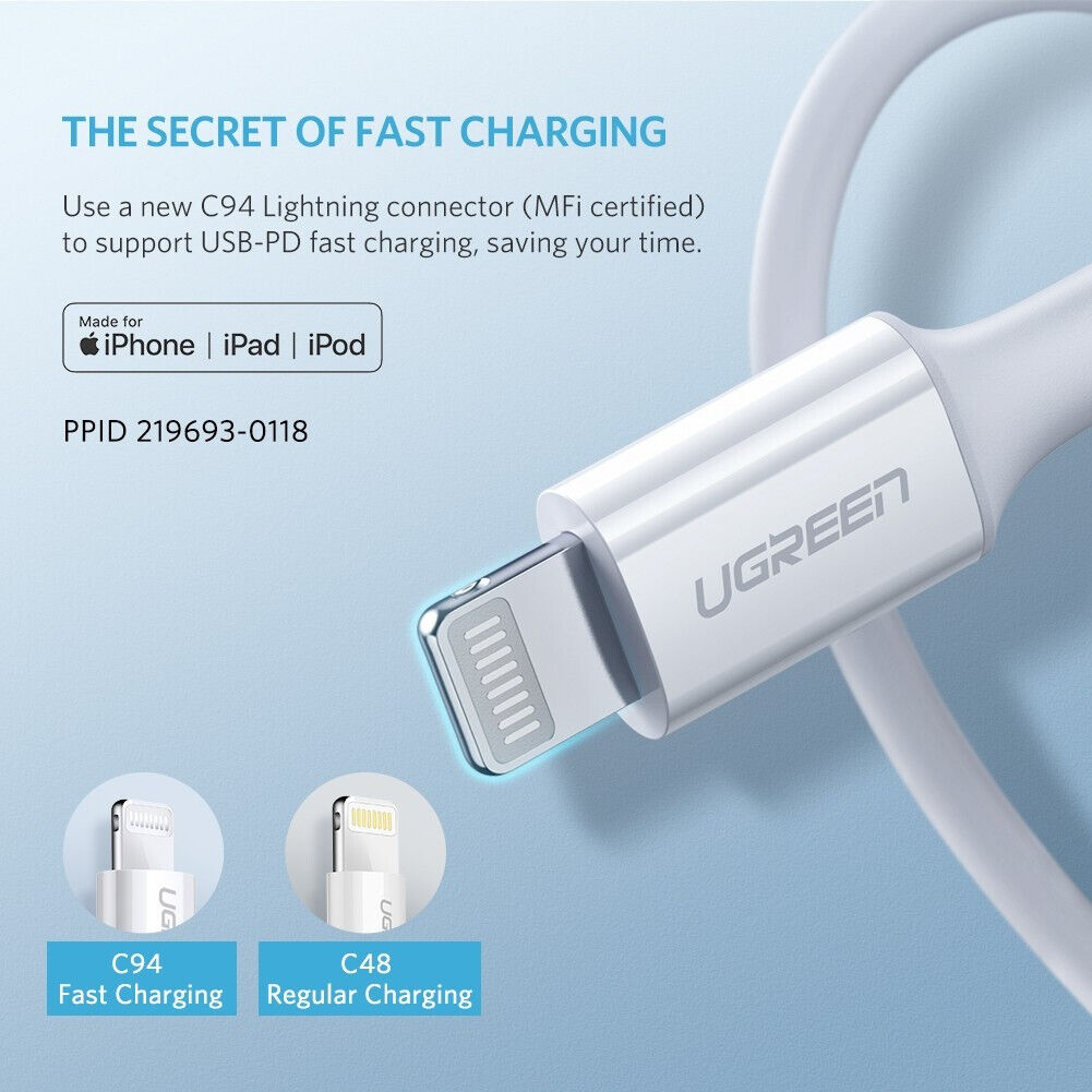UGREEN 10493 USB-C to Lightning M/M Cable Rubber Shell 1m (White)