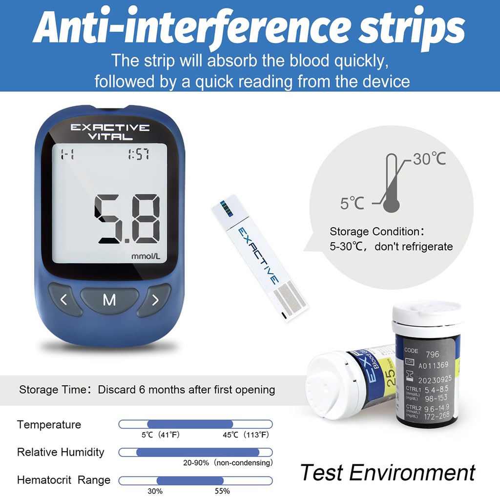 USA EXACTIVE VITAL GLUCOSE METER Honstime with 10 Free Strips - USA's Best Blood Sugar Glucometer with 5 Years Full Replacement Warranty