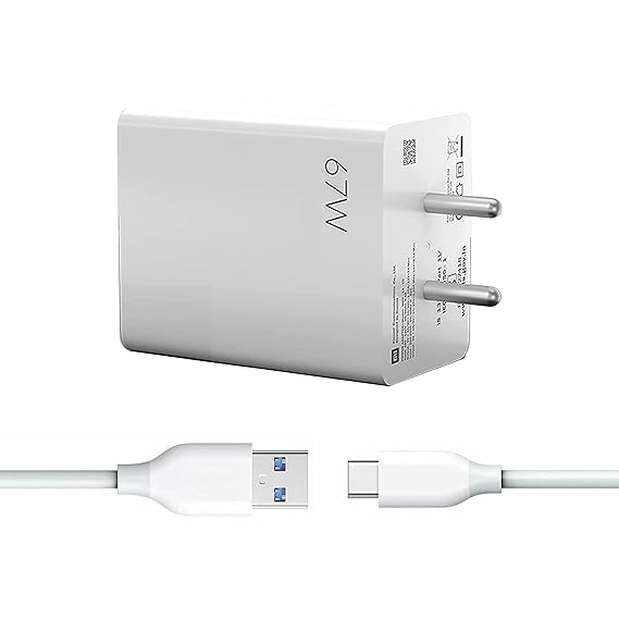 67 Watt Charger Type C for vivo Y16 Charger Original Adapter Like Qualcomm QC 4.0 Quick Dash Warp Dart Flash Super Vooc Fast Charger with 1 Meter Type C USB Data Cable (5V=4A/10V=6A, AZ7, White)