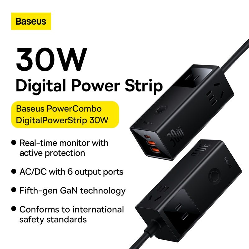 Baseus Charger Adapter PowerCombo Digital PowerStrip 3AC+2U+1C 30W with 1.5m power cord CN Black PSLA000001