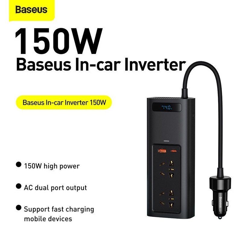 BASEUS Car Inverter Type-C USB AC Socket Car Charger 150W Digital Display Power Station 220V CNEU Plug Black by Honestime