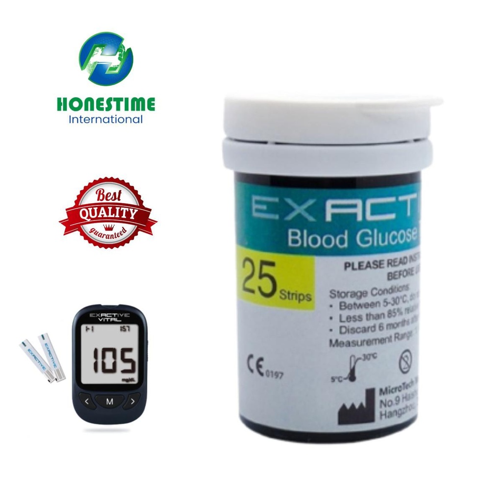 Exactive Vital 25 Pcs Test Strips +12 to 24 Months Expiry Time + 1 Pc Free Code Chips Glucose Suger Test Strips