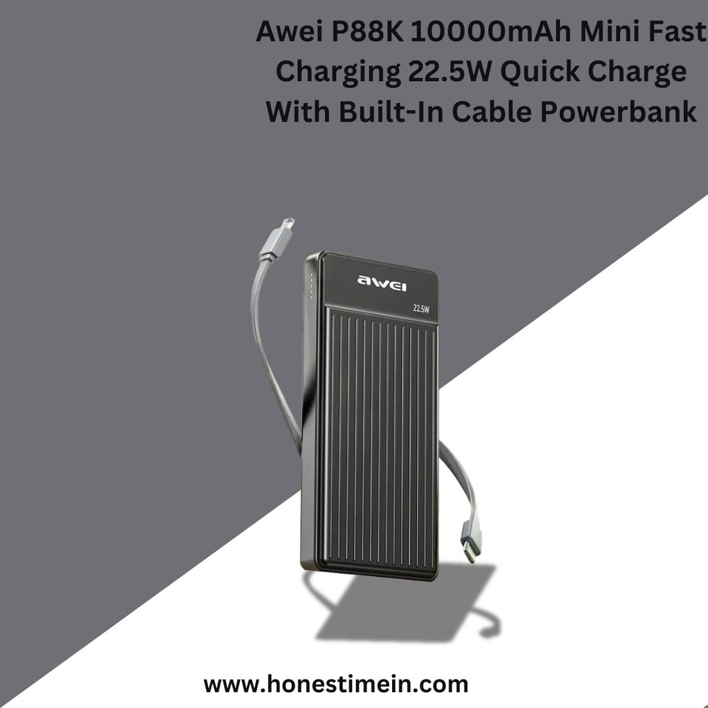 AWEI P88K 10000mAh 22.5W Fast Charging Built-In iPhone & Type-C Cabled Power Bank